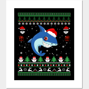 ugly christmas sweater Shark Posters and Art